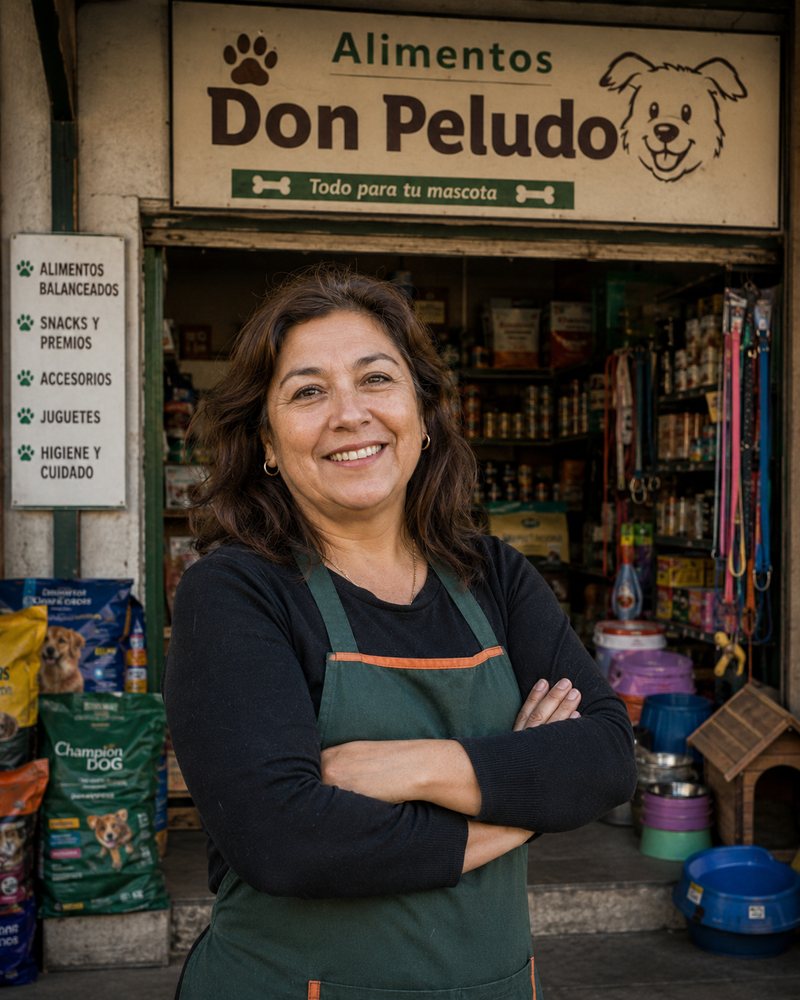 Dueña de petshop chileno atendiendo en el local