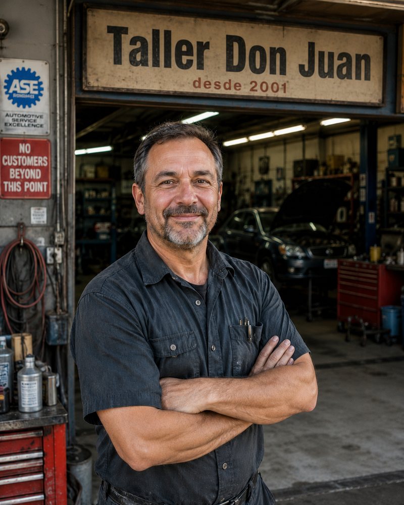 Mecánico chileno frente a su taller automotriz